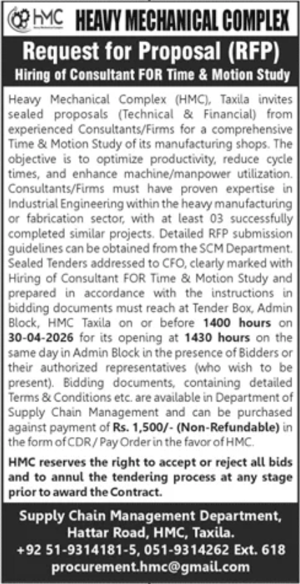 Hiring of Consultant for Time & Motion Study